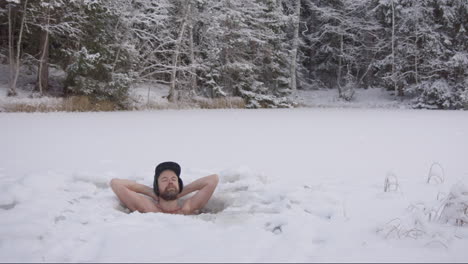 zoom in - a handsome, rugged hipster man relaxes in his ice hole