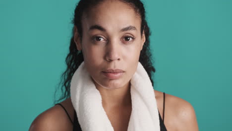 african american woman over blue background.