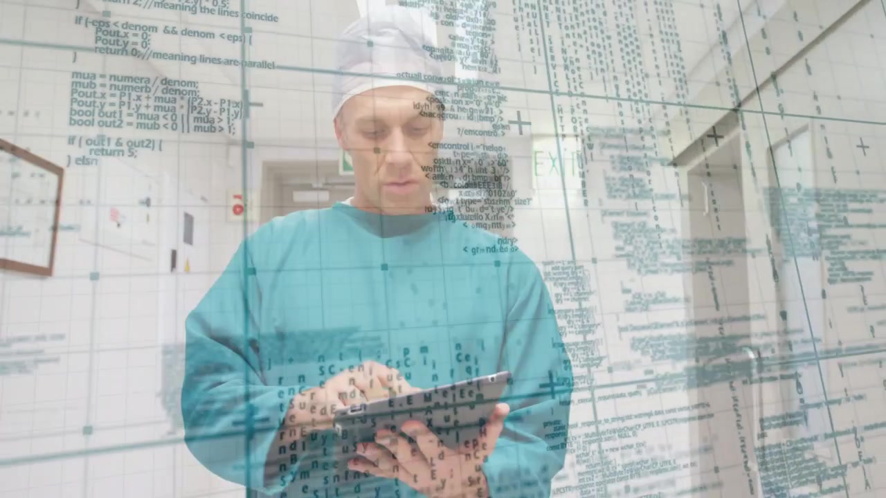 Walking clinician in teal scrubs and surgical cap tapping tablet in clinical corridor, grid overlay