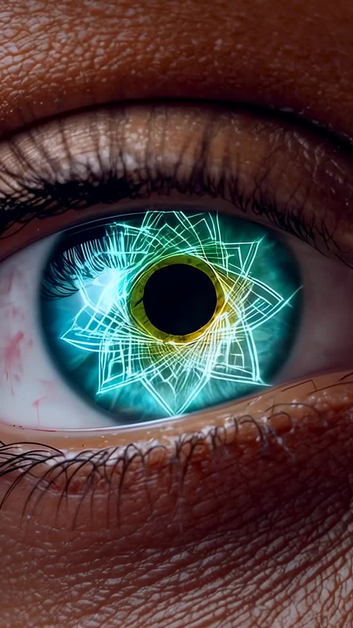 Vertical video: Showing eye pulsing holo mandala across iris as frames progress in close-up