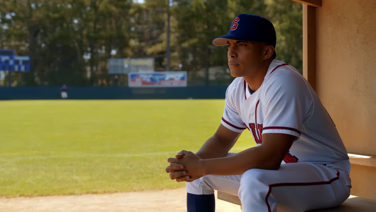 Baseball Player Sitting in Dugout