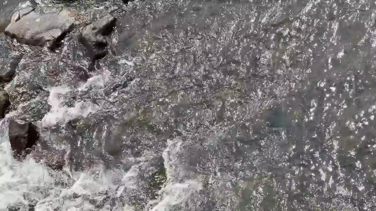 Acqua limpida di fiume scorre rapidamente su rocce scure con la luce solare intensa che crea riflessi scintillanti sulla superficie