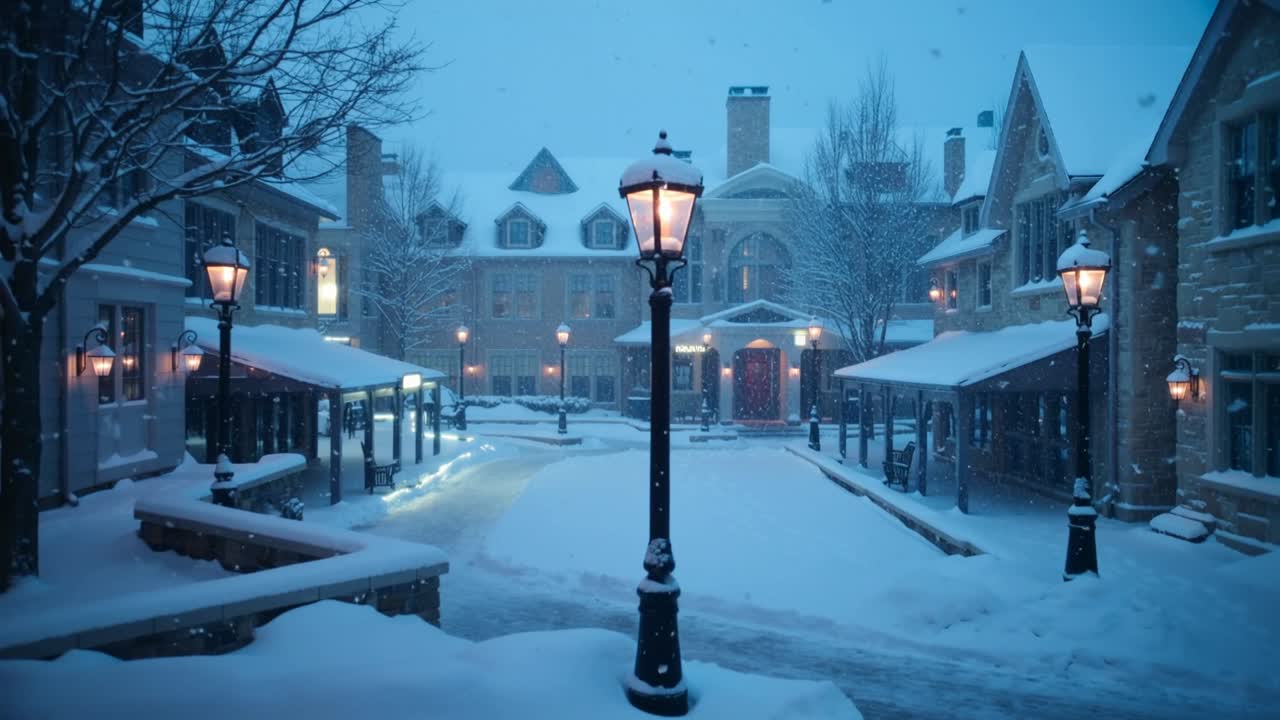 Showing glowing lamp post standing in snowy town plaza at dusk, with gentle snowfall