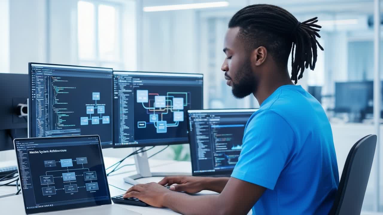 Focused Software Developer Analyzing Code and System Architecture on Multiple Monitors in a Modern Workspace