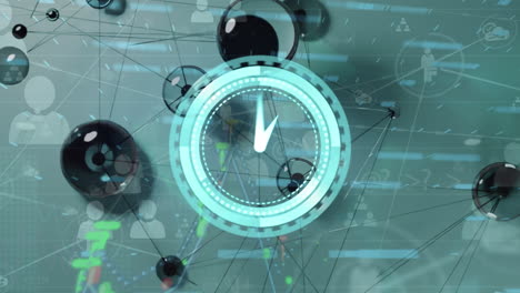 animación de reloj de neón y red de conexiones contra el procesamiento de datos financieros