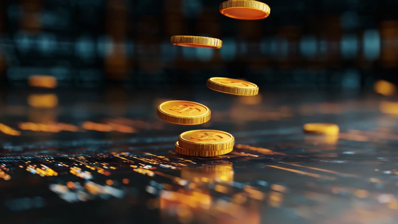 Golden dollar coins falling and stacking up in slow motion against a dark, futuristic background with glowing data streams, symbolizing digital finance, cryptocurrency, and online investment growth