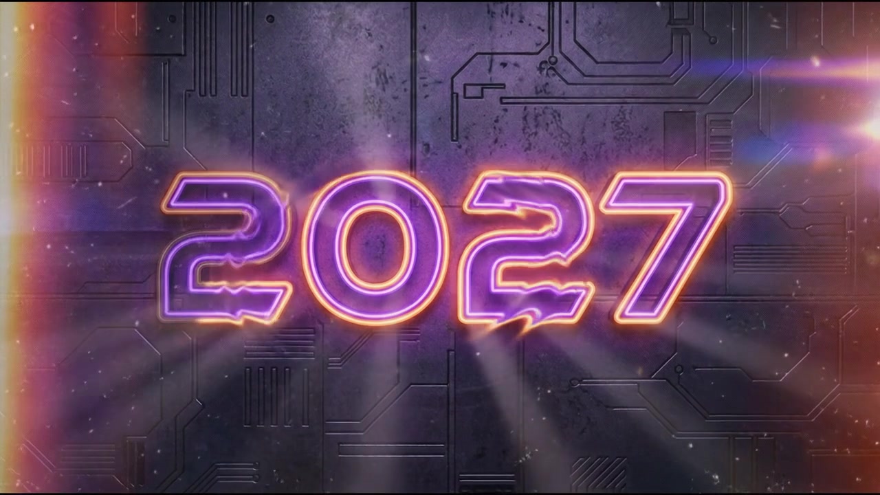 Animazione stilizzata del numero 2027 per il nuovo anno con scritte al neon rosa e viola