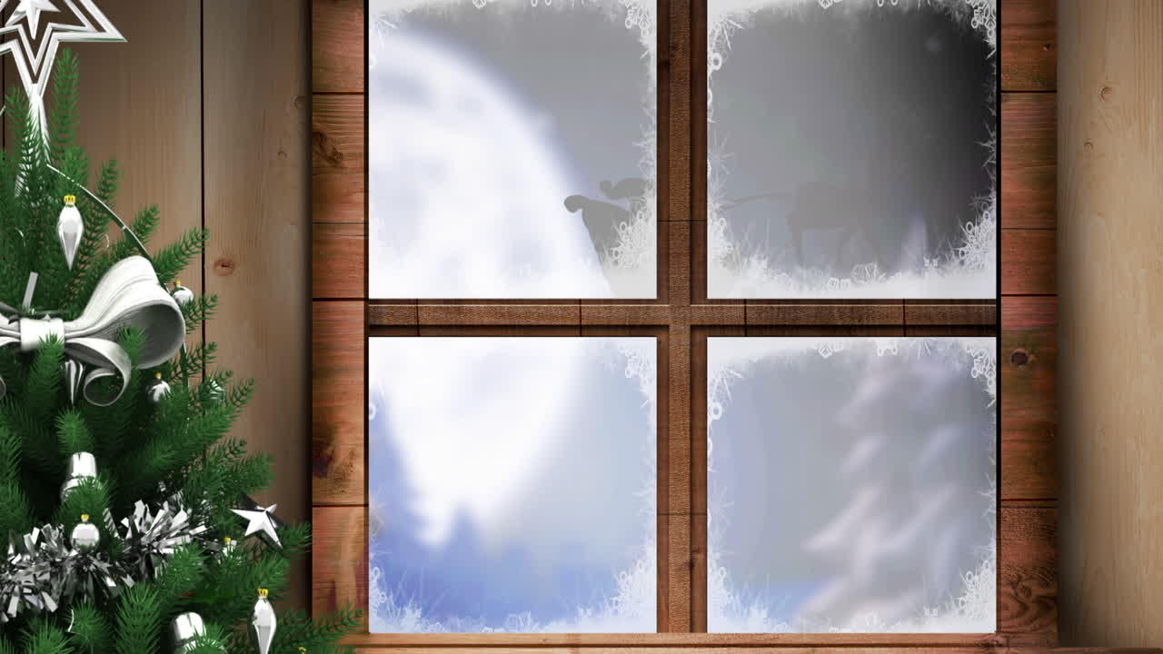 창문 과 크리스마스 트리 를 통해 보이는 사 ⁇  과 함께  ⁇ 매 를 타고 있는 산타클로스 의 애니메이션