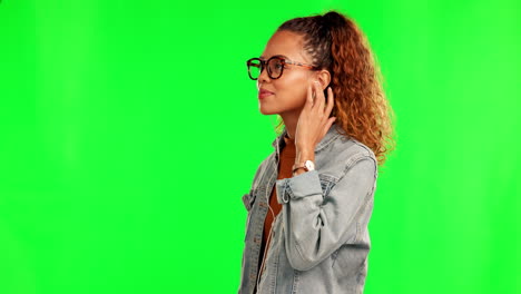 Green-screen,-music-and-woman-with-earphones-to