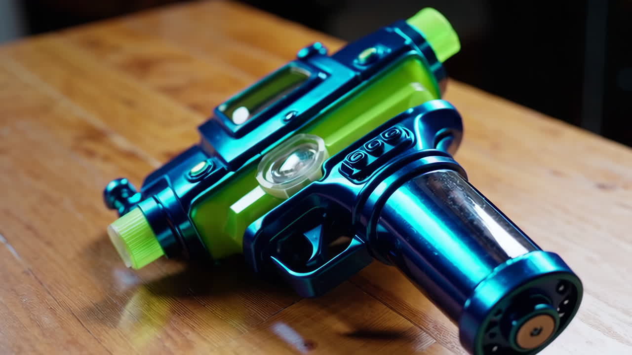 Colorful Blue and Green Toy Water Gun on a Wooden Table