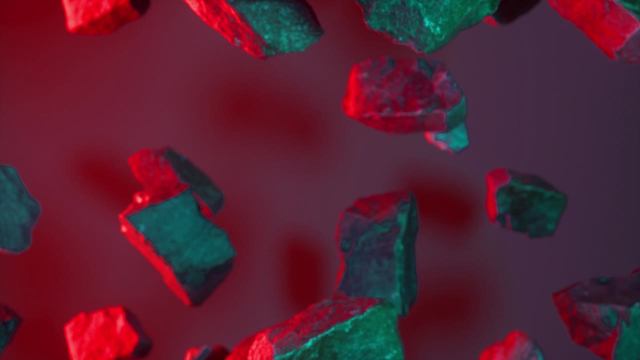 네온 녹색 은 배경에 설치 된 바위. 플라이 바위 조각 배경. 브랜드 및 패키지 프레젠테이션을위한 최소한의 추상적인 배경. 광고 디자인을위한 모 템플릿. 4k에서 3d 애니메이션 루프.