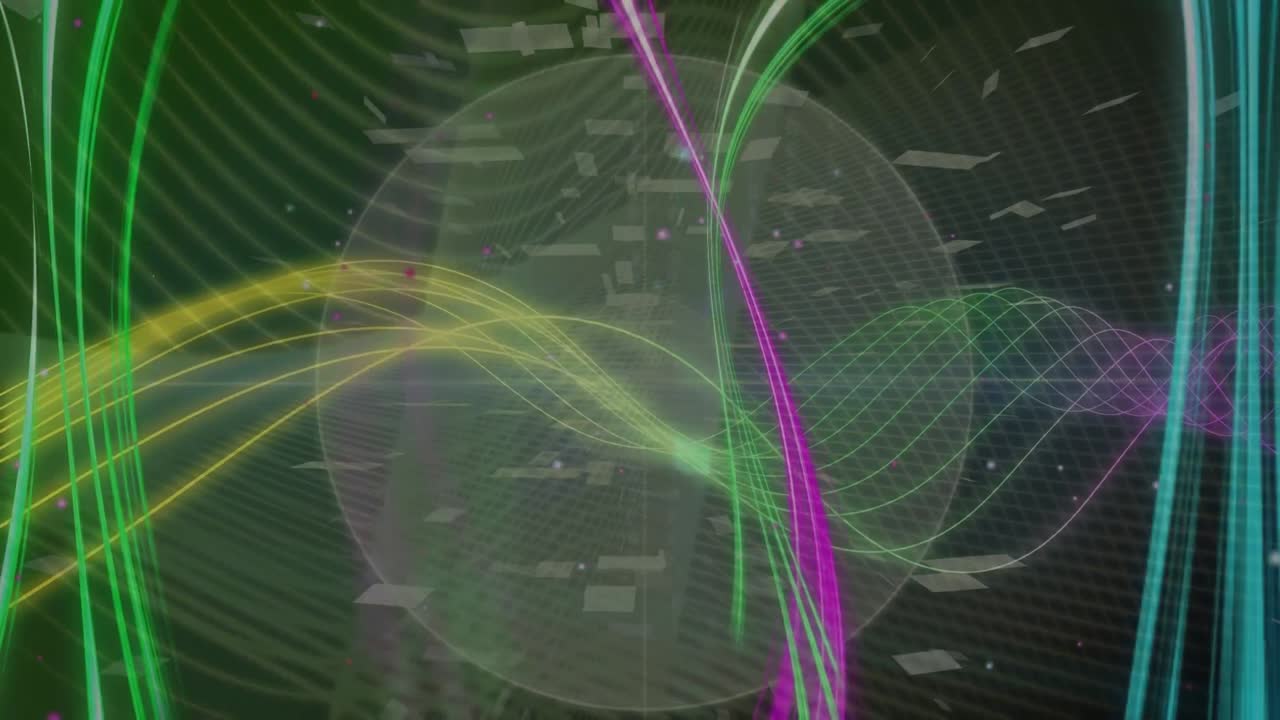 animación de círculo digital y patrón de ondas multicolores contra un fondo abstracto