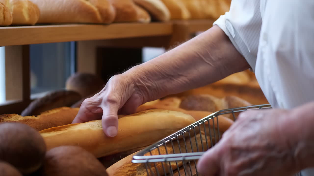 Person's hands arranging bread in a bakery display