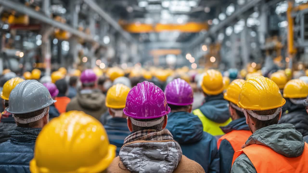 A diverse group of workers in safety helmets and vests gathers in a large industrial setting, highlighting teamwork and collaboration in a bustling environment