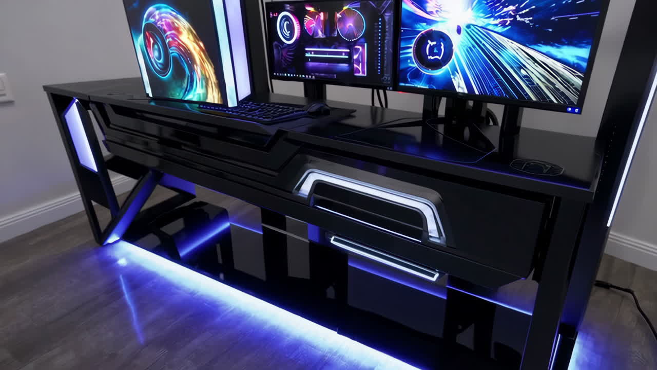 Modern Black Gaming Desk Setup with Blue LED Lighting