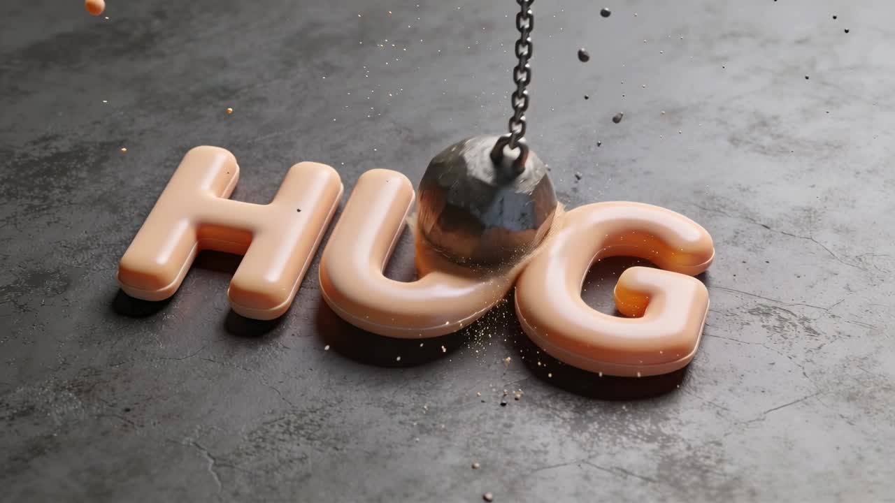 Descending chain pushing wrecking ball striking peach letters HUG on dark slab, ejecting debris