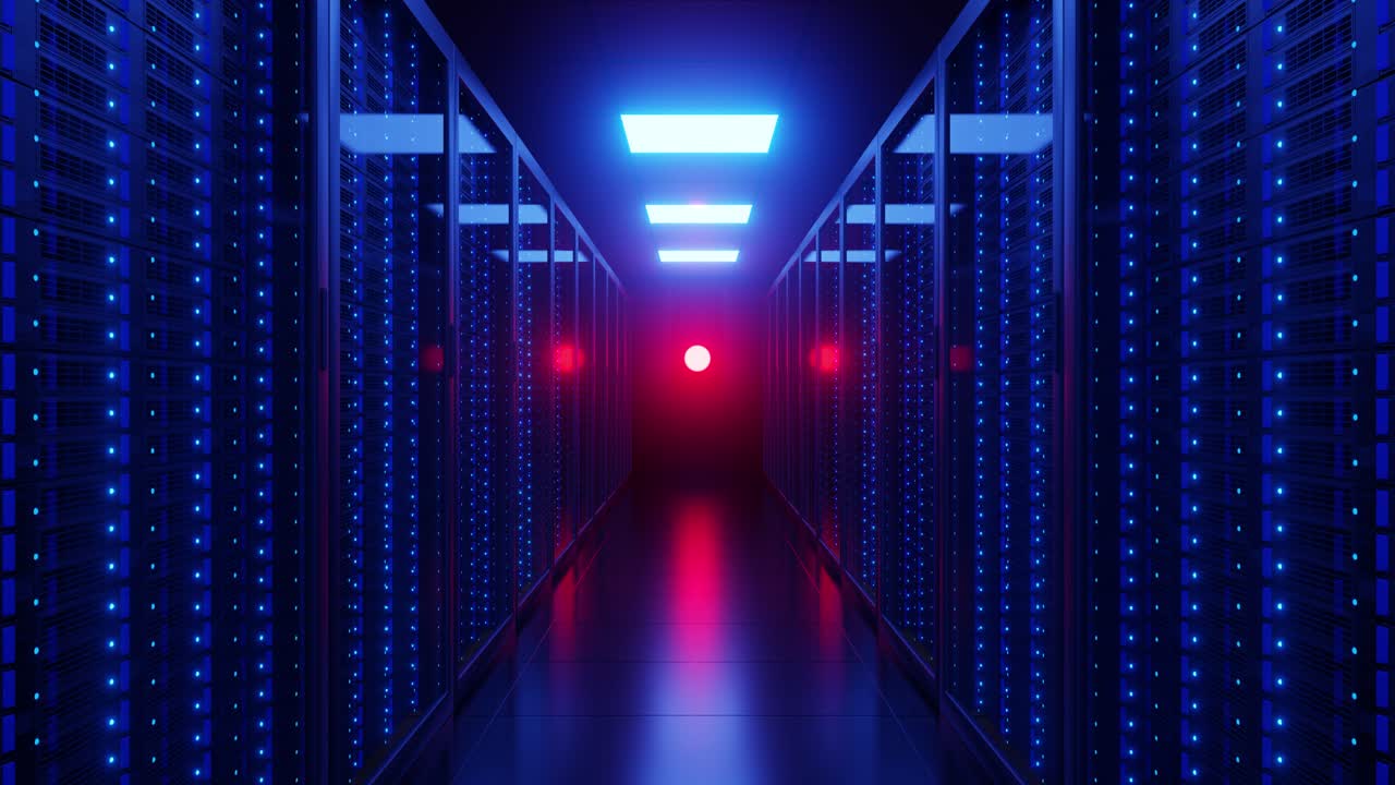 Server dark room in datacenter with blue neon lights