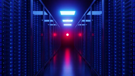 server dark room in datacenter with blue neon lights