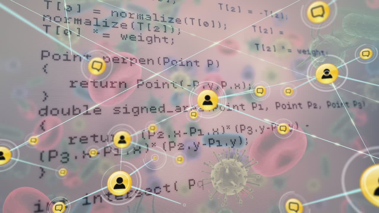 데이터 처리 및 코로나19 세포 및 혈관에 대한 디지털 아이콘 네트워크