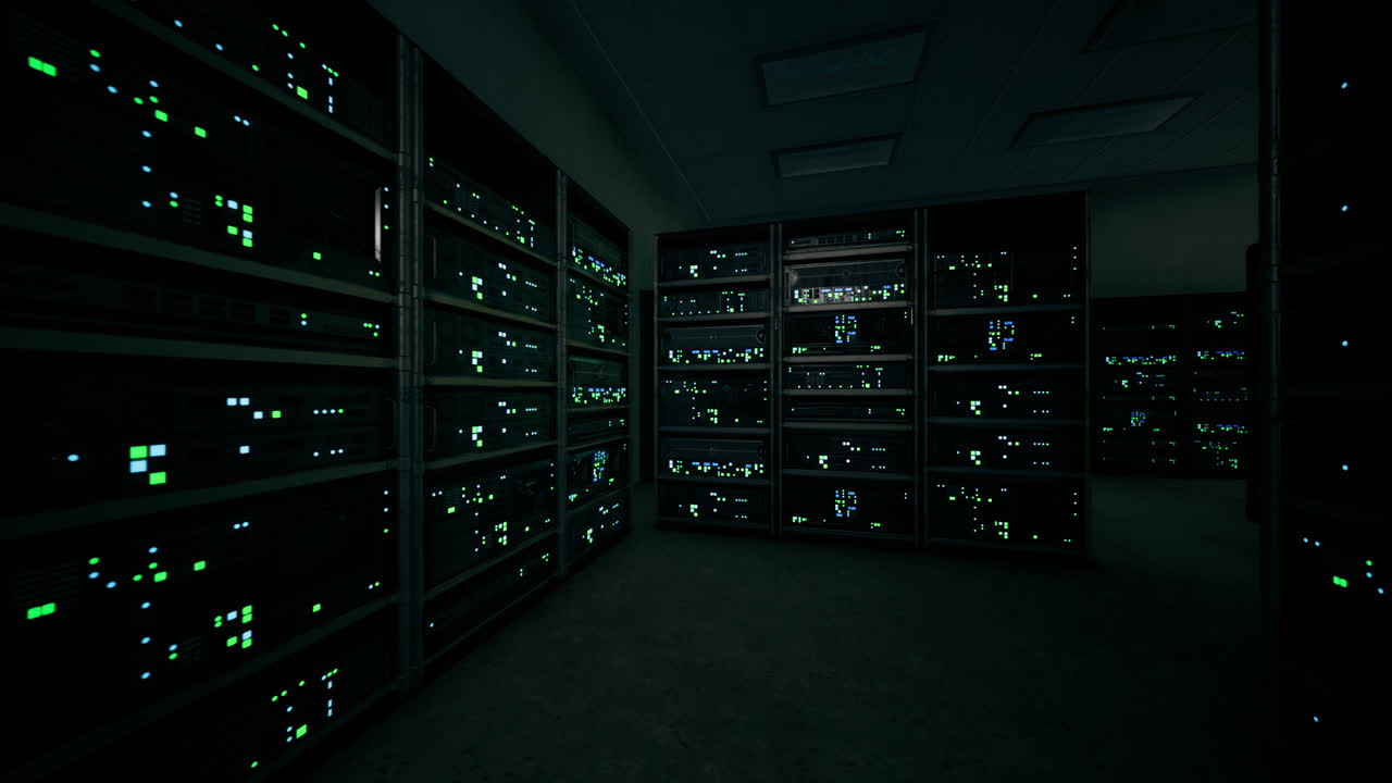 Dark server room filled with blinking lights and high tech equipment