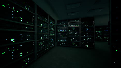 dark server room filled with blinking lights and high tech equipment