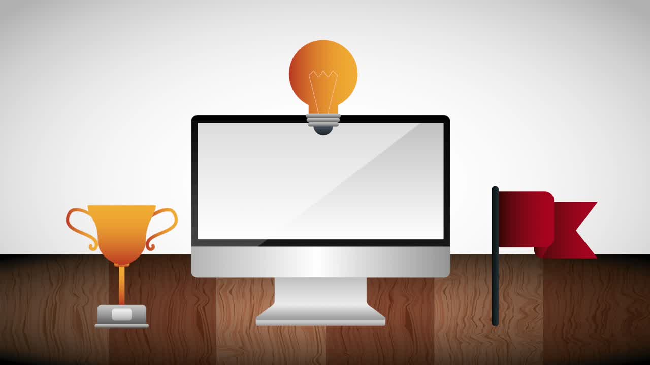 pantalla de computadora bombilla idea trofeo y bandera comienzo