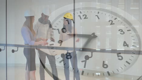 animation of clock moving over diverse colleagues discussing work