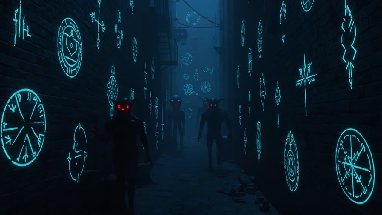 Mysterious Alleyway with Glowing Symbols and Eerie Figures in Shadows Reflecting Dark Themes of Fantasy and Intrigue