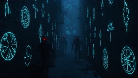 mysterious alleyway with glowing symbols and eerie figures in shadows reflecting dark themes of fantasy and intrigue