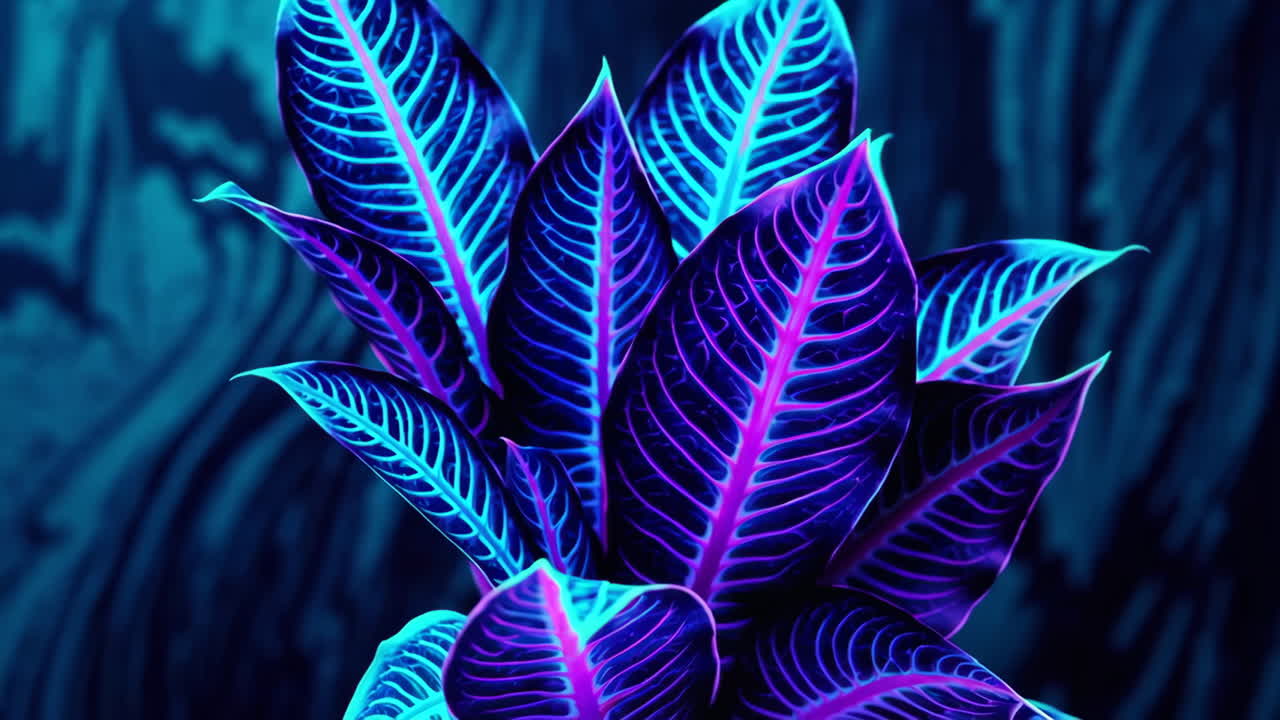 Vibrant Neon Blue and Purple Glowing Leaves