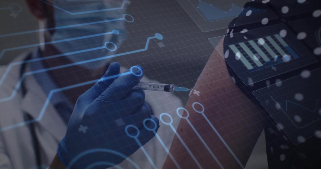 Médico vacinando o braço do paciente na clínica, pressionando o êmbolo, mostrando sobreposição de circuito digital