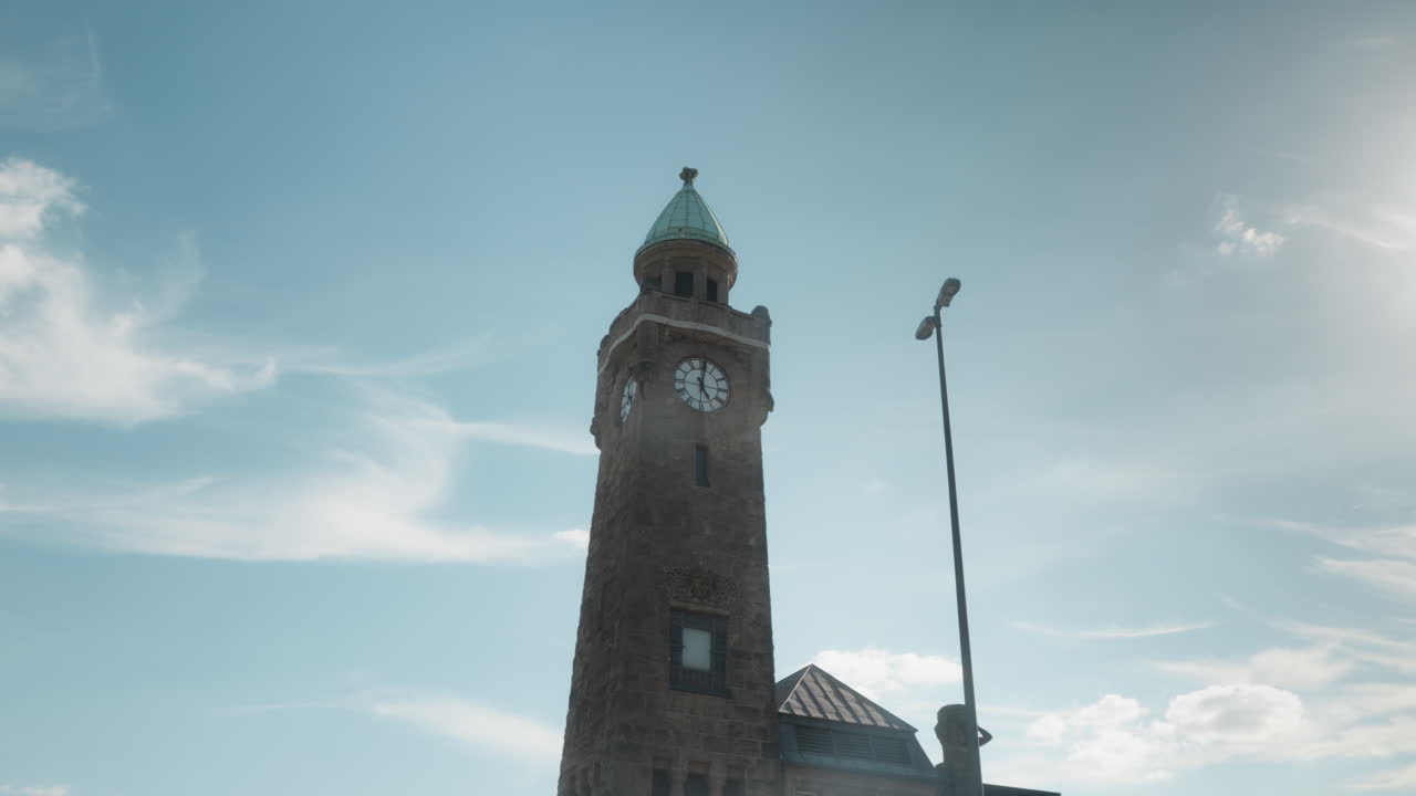 Historic clock tower at Hamburg Landungsbrücken under bright blue sky, capturing the essence of Hamburg's architecture. Perfect for travel documentaries and history features