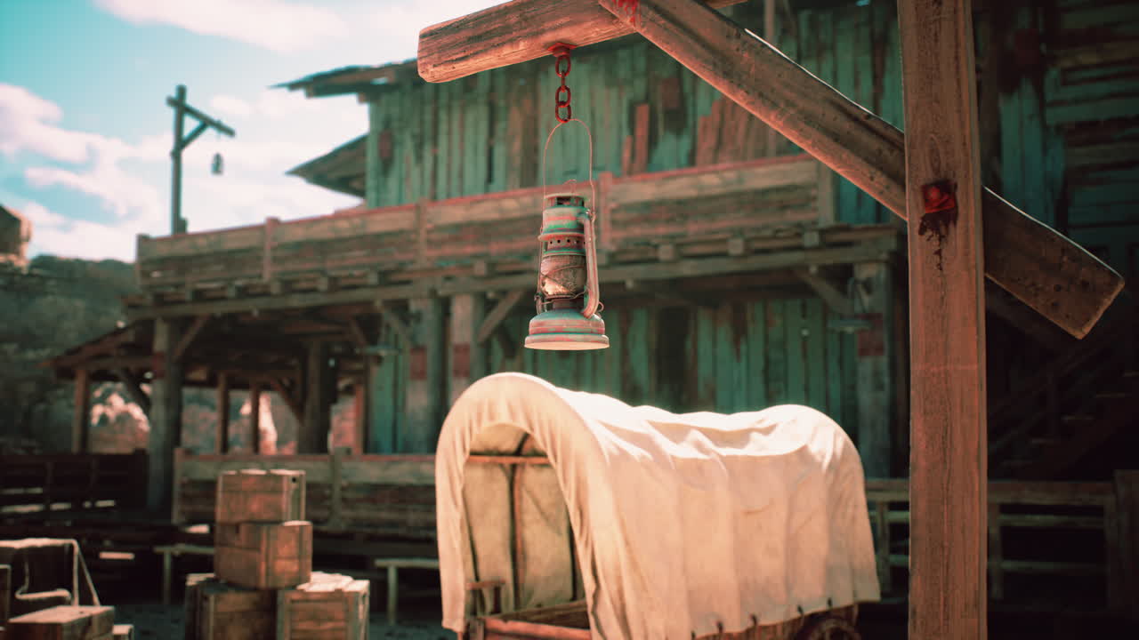 Lantern hanging near a covered wagon in an old western town during daylight