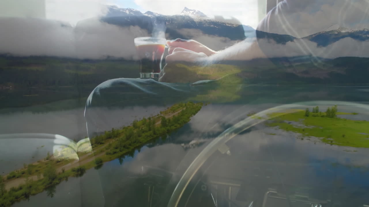 Holding coffee cup, person admiring scenic mountain and river landscape animation