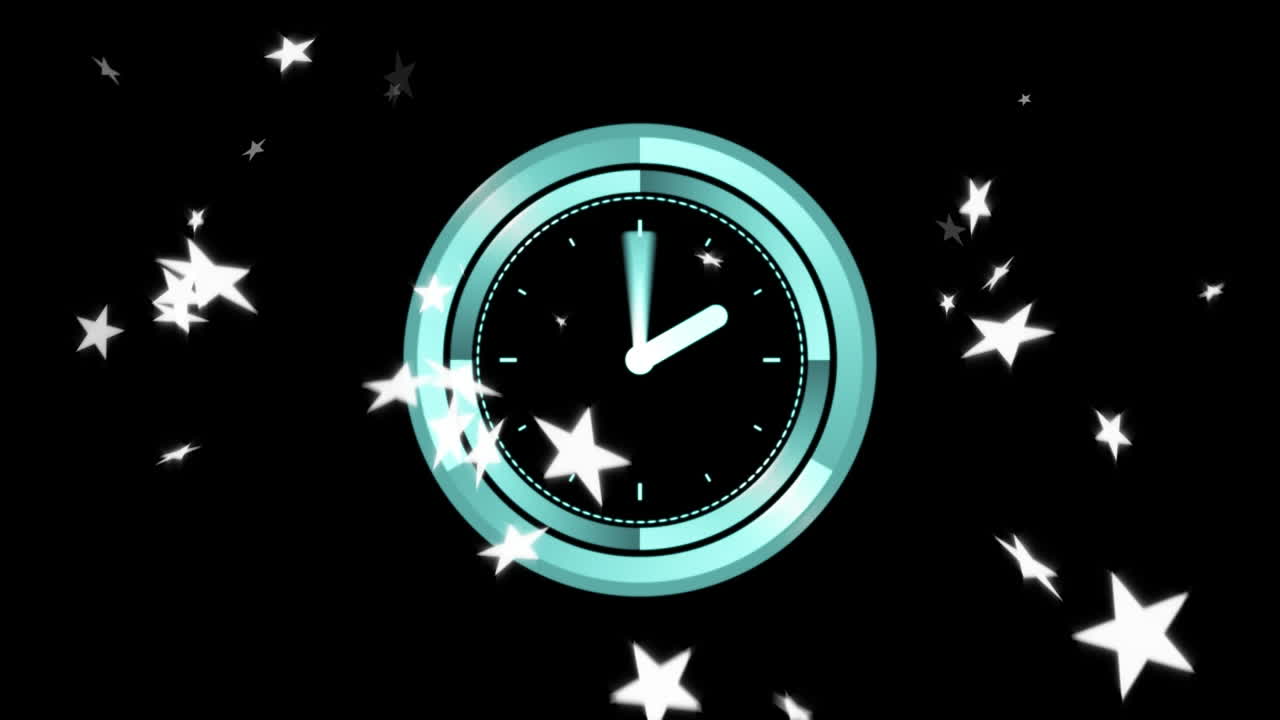 Animation of falling stars and clock over black background