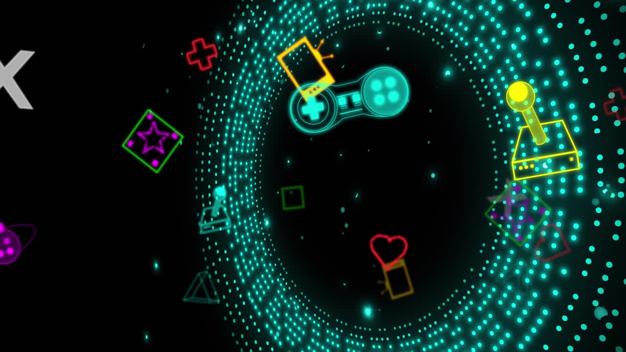 박이는 파란 빛 패턴 위에 게임 아이콘의 애니메이션