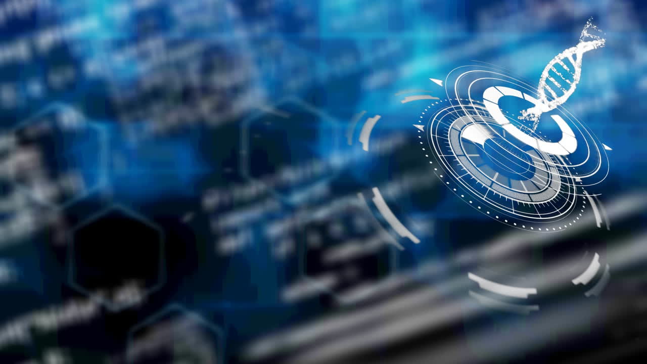 Animation of dna strand spinning and scan scope over data processing