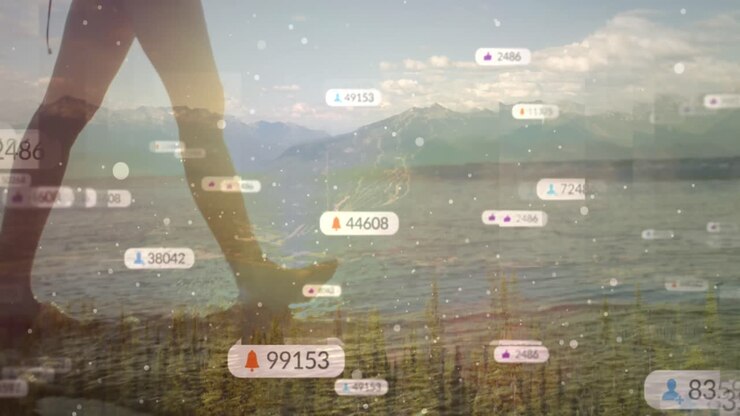 Animation of social media icons with numbers over caucasian woman walking at beach