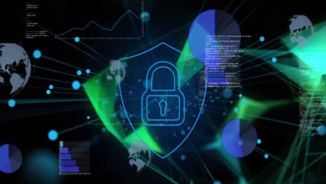 animación de iconos digitales, red de conexiones y procesamiento de datos en la interfaz