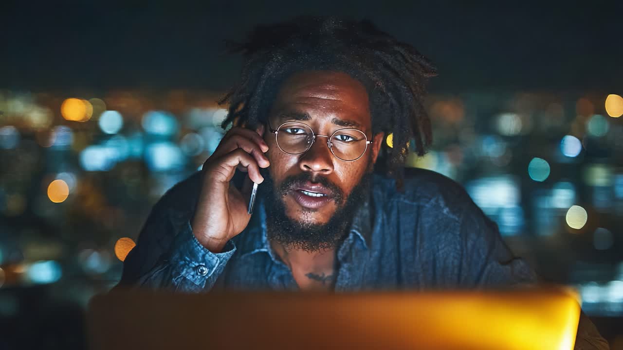 Focused Man Engaged in Conversation on Phone While Using Laptop at Night in Urban Setting with City Lights Blurring in Background