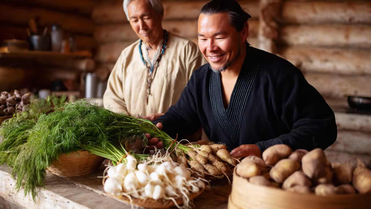 Zwei Personen bereiten in einer ländlichen Küche Essen zu und präsentieren eine Vielfalt an frischem Gemüse sowie traditionelle Anbau- und Kochmethoden.