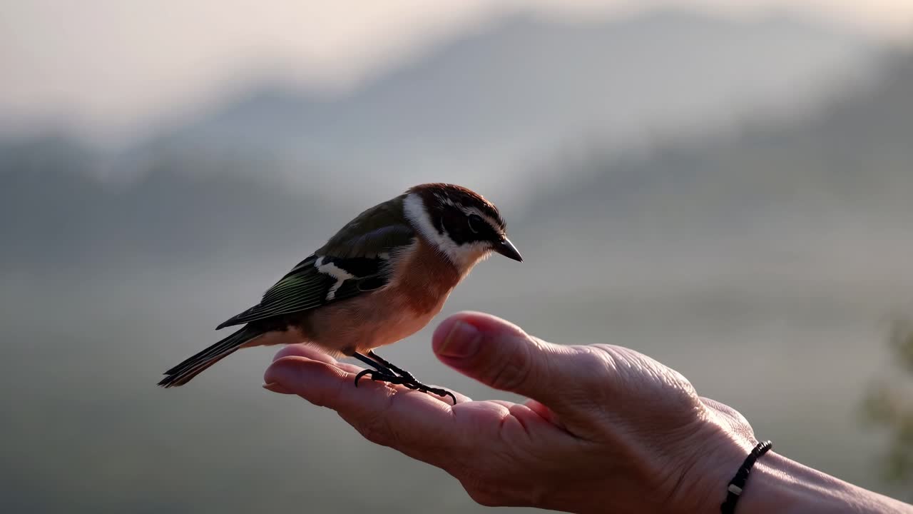 Primer plano de un vídeo de una mano sujetando un pájaro pequeño, grabado desde un ángulo lateral