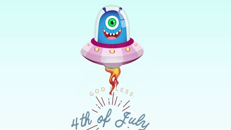 animation of 4th of july text with smiling allien over blue background