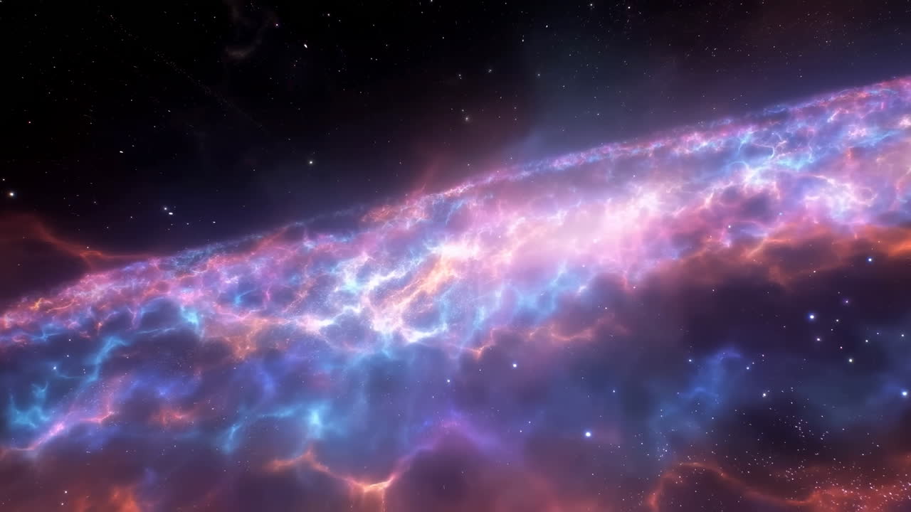 Fita de nebulosa colorida varrendo o espaço, nuvens vívidas rosa e azuis, cenário de campo estelar, sensação de vastidão.