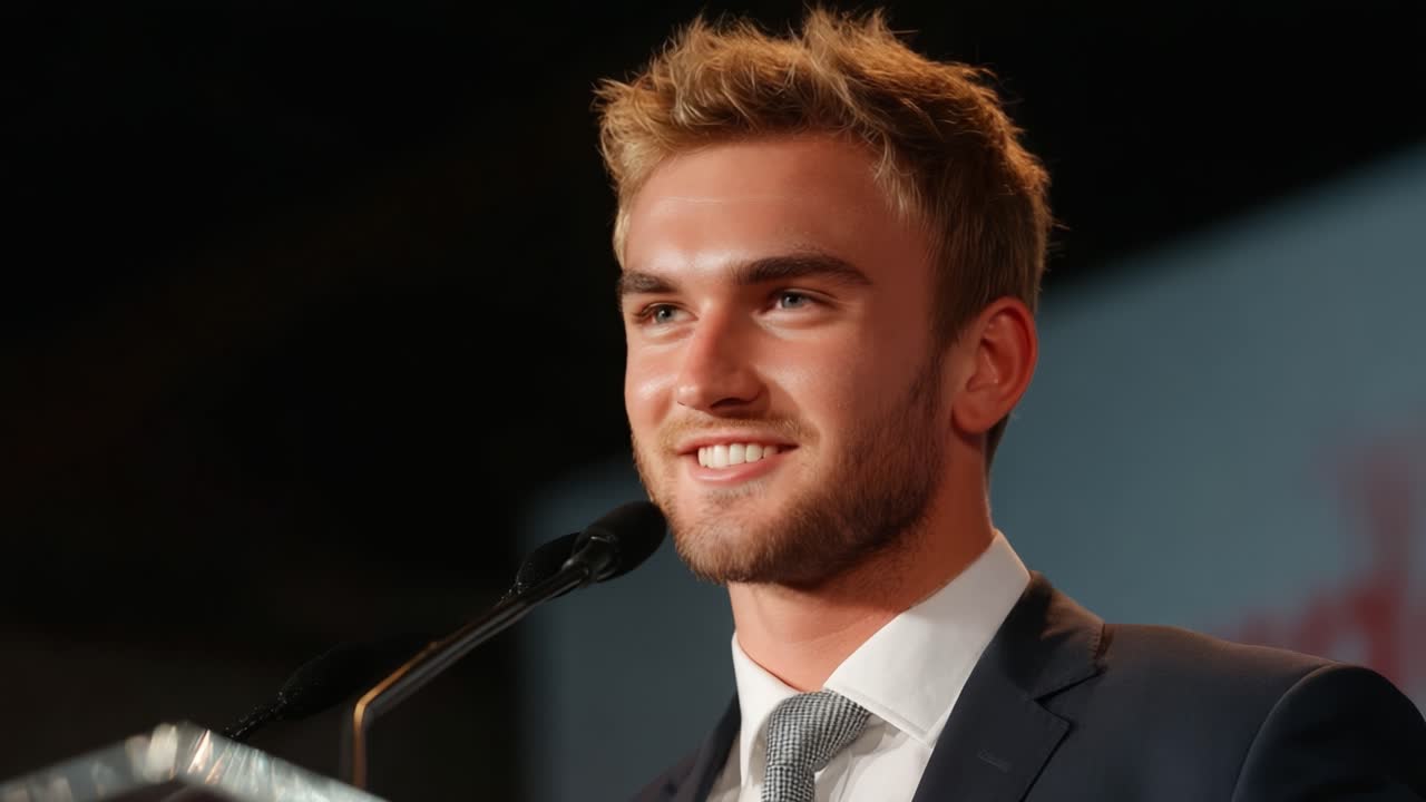 Oratore sicuro di sé che sorride durante un evento, coinvolgendo il pubblico con carisma e fascino, presentando idee e ispirando gli ascoltatori in un ambiente professionale