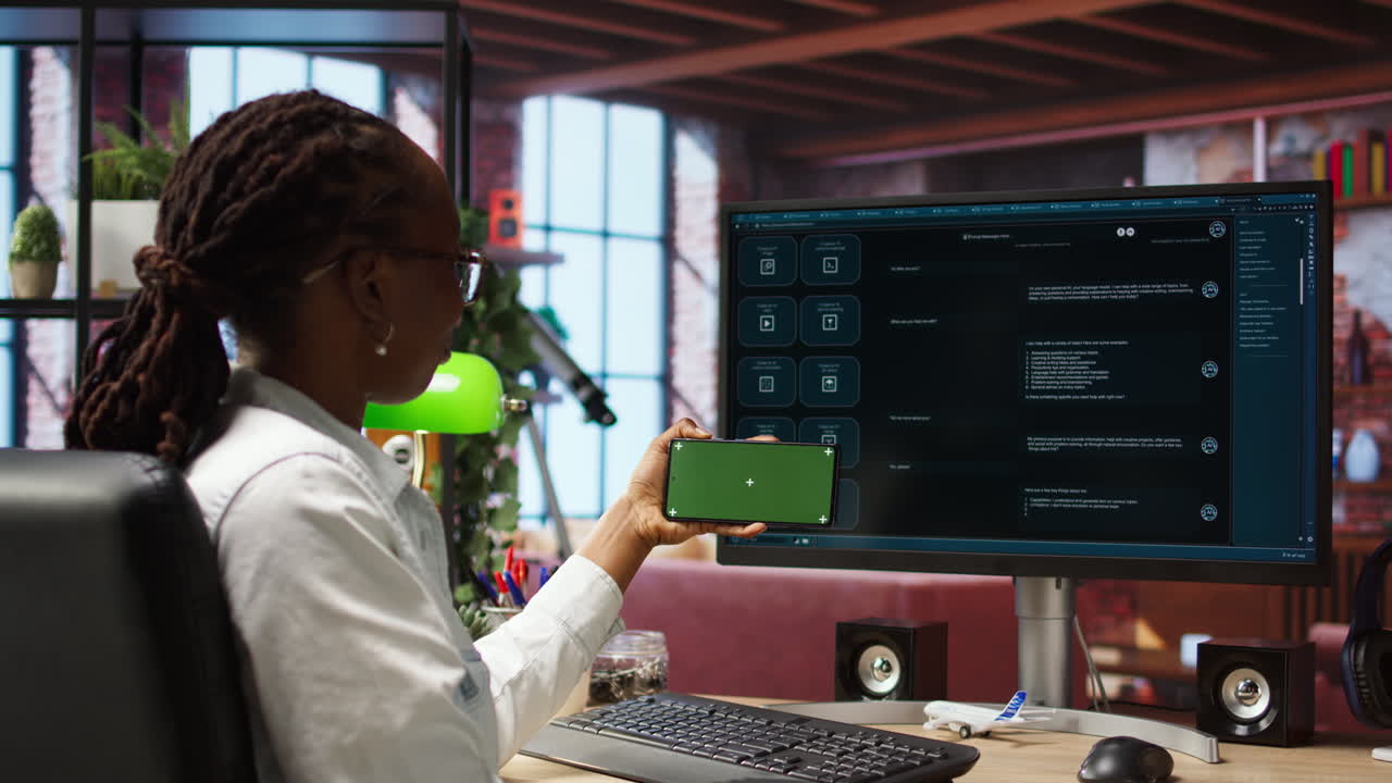 Woman using green screen smartphone to learn how to use AI LLM chatbot