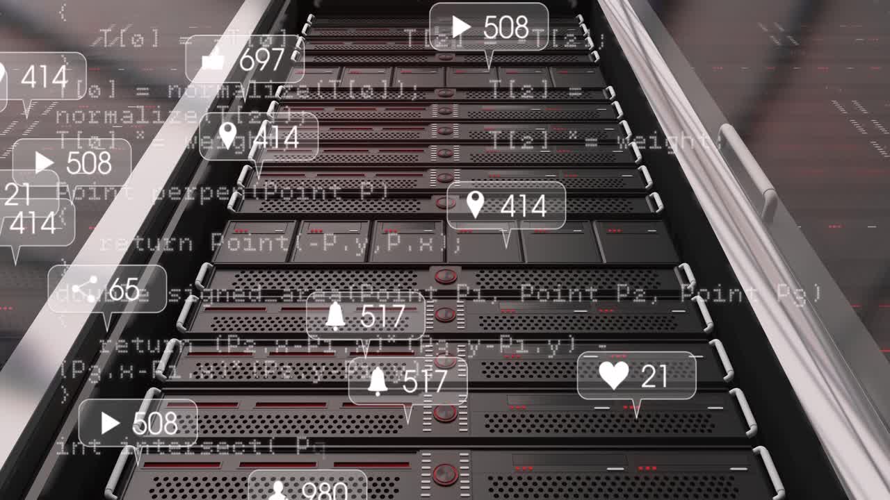 Animation of data processing and media icons over server room