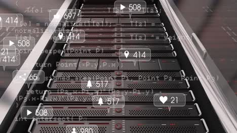 animation of data processing and media icons over server room
