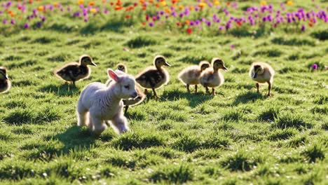 A low-angle video captures a playful lamb and ducklings on a sunlit meadow, surrounded by colorful