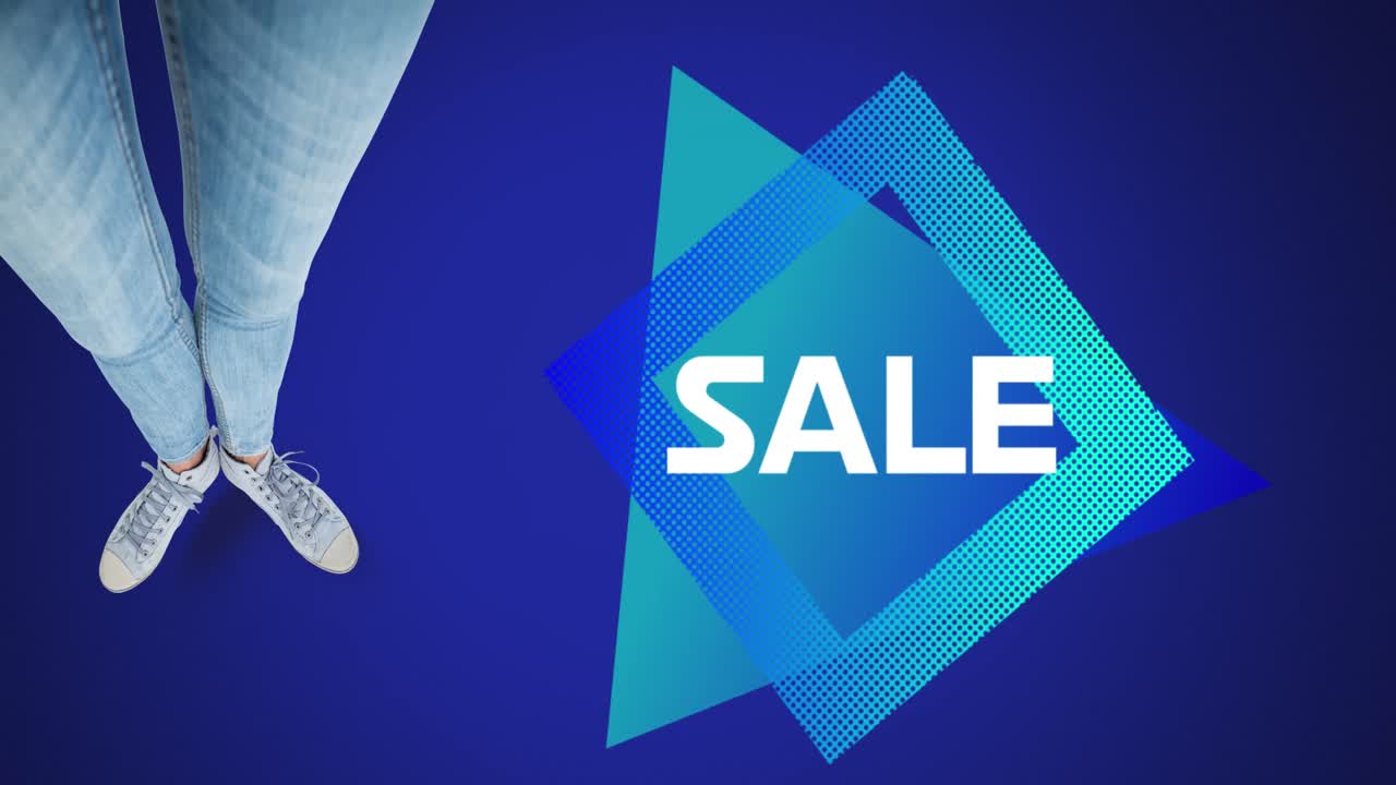 청바지 바지를 입은 백인 여성 위에 판매 텍스트의 애니메이션